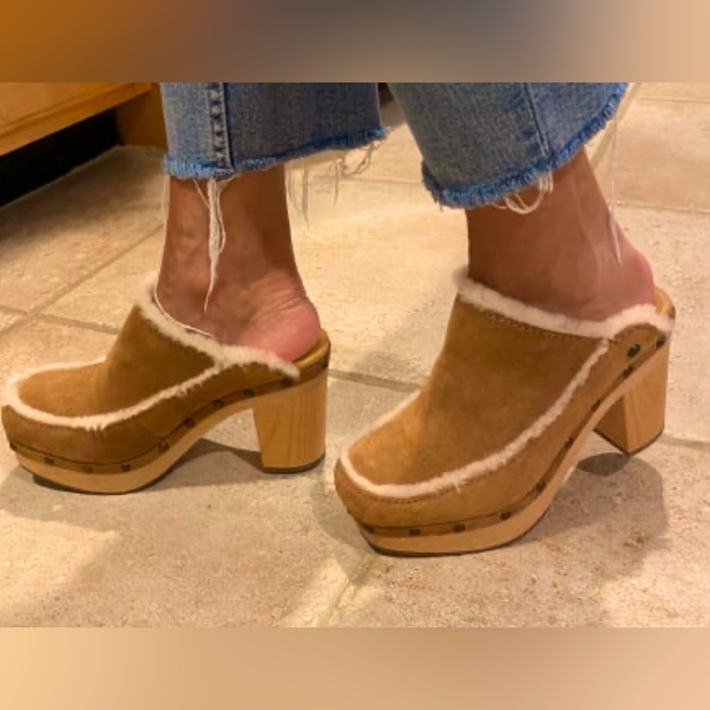 UGG Aubriana Tan Suede Mules with Cream Trim